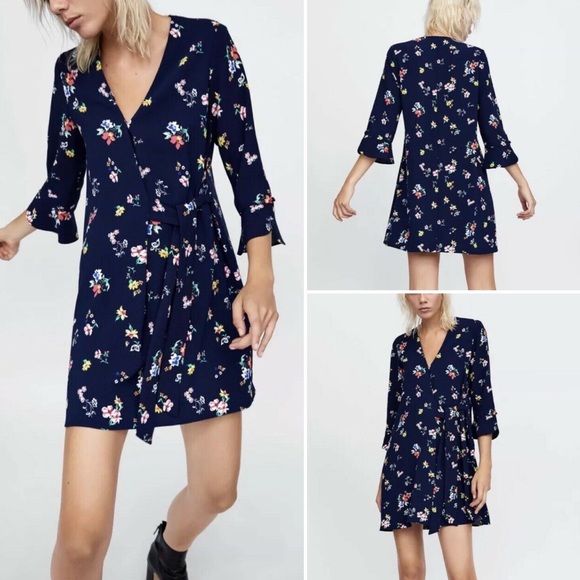 Zara Dresses & Skirts - Zara Basic Navy Floral Wrap Mini Dress